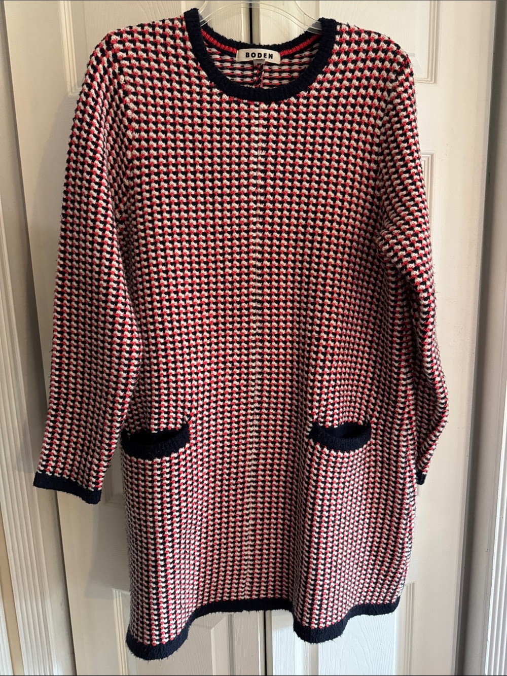 Boden Red White Blue Houndstooth Pocket Knit Sweater Dress Size 12R